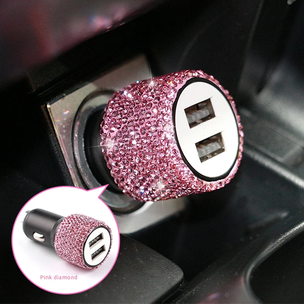 Neue Bling USB Auto Ladegerät 5V 2,1 A Dual Port Schnelle Adapter Rosa Auto Dekor Auto Styling Diamant Auto zubehör Innen für Frau Image