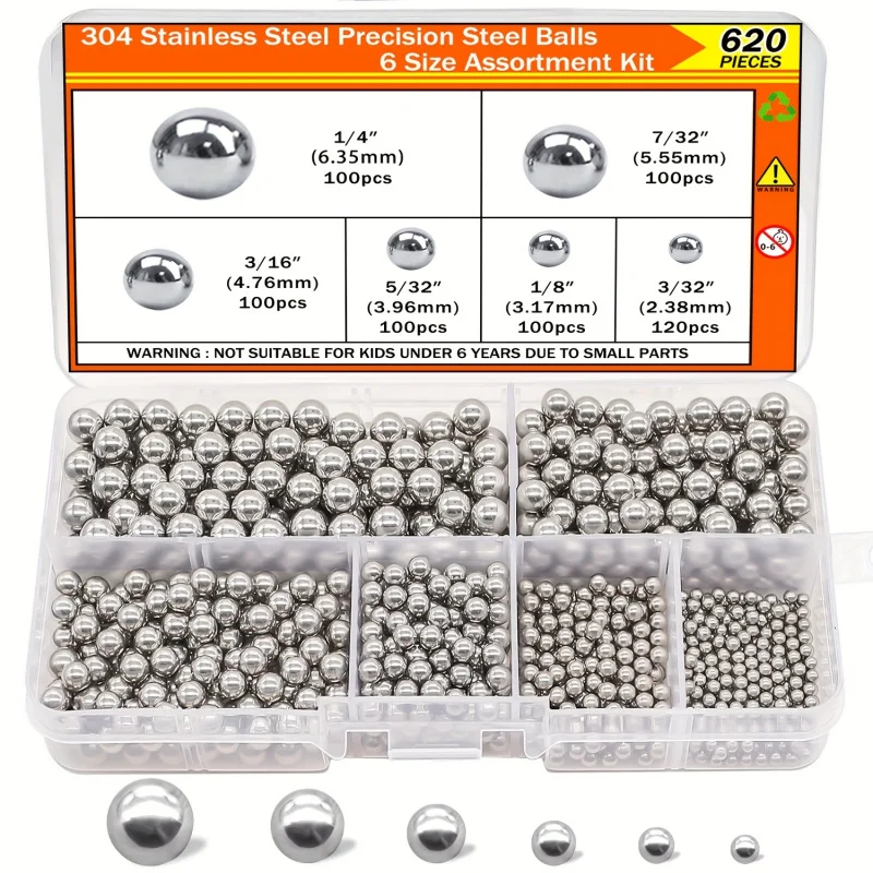 620-teiliges Präzisionskugel-Set aus Edelstahl 304, 6 Größen (1/4 Zoll, 7/32 Zoll, 3/16 Zoll, 5/32 Zoll, 1/8 Zoll, 3/32 Zoll), Sortiment für Fahrradlagerkugeln