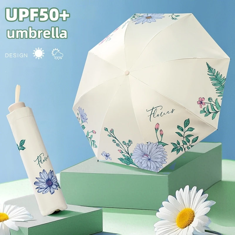 Eleganter Sonnenschirm mit Blumenmuster, Regen-Reise-Klappschirme, UPF50+, Vinyl, UV-Schutz, Regenschirm für Damen, Sonnenschirm Image