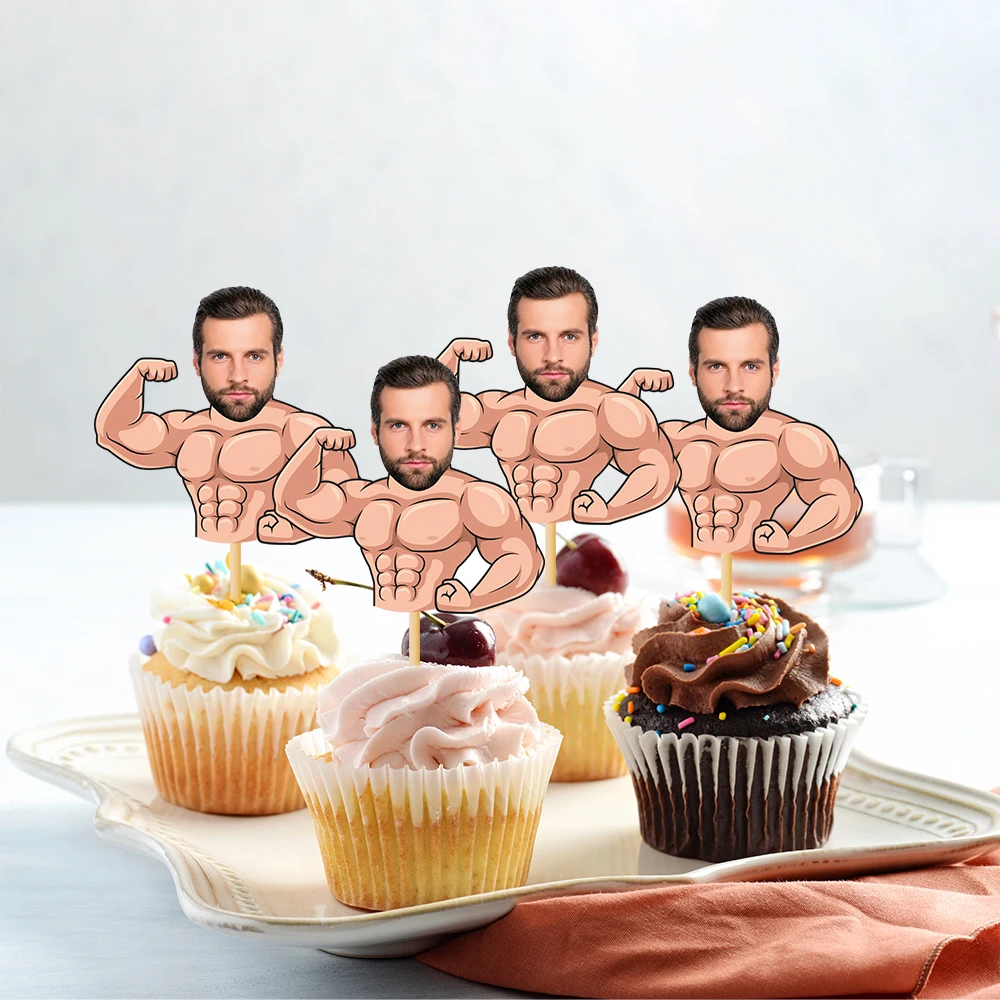 6/12/24 Stück benutzerdefinierte Muskelmann Gesicht Cupcake Topper Bodybuilding Mann Foto Kuchen Dekorationen Bachelorette Geburtstag Party Supplies Image