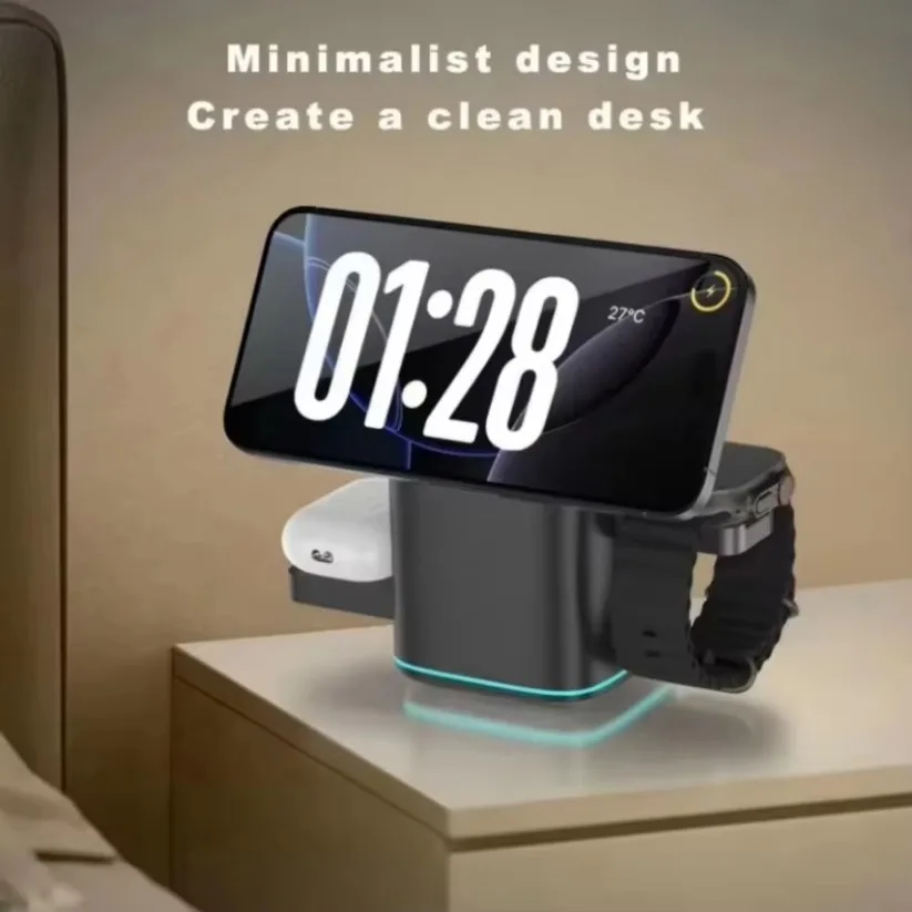 Multifunktionales 3-in-1 magnetisches kabelloses Ladegerät, elektrische Rotation, LED-Licht für Magsafe iPhone 16 15 14 Apple Watch 9 8 AirPods Image