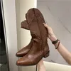 Comemore Retro Niet Lange Stiefel Frauen Niedrigen Absatz Cowboy Western Pu Leder Kniehohe Gothic Neue Damen Schuhe Vintage Braun Botas