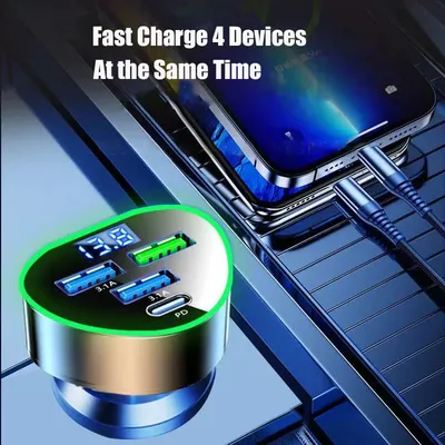 UYUXIO Multi-Port-USB-C-Autoladegerät-Adapter, 4-in-1, mit Spannungsanzeige, superschnelles Aufladen für iPhone 16 15 Samsung Android Phone