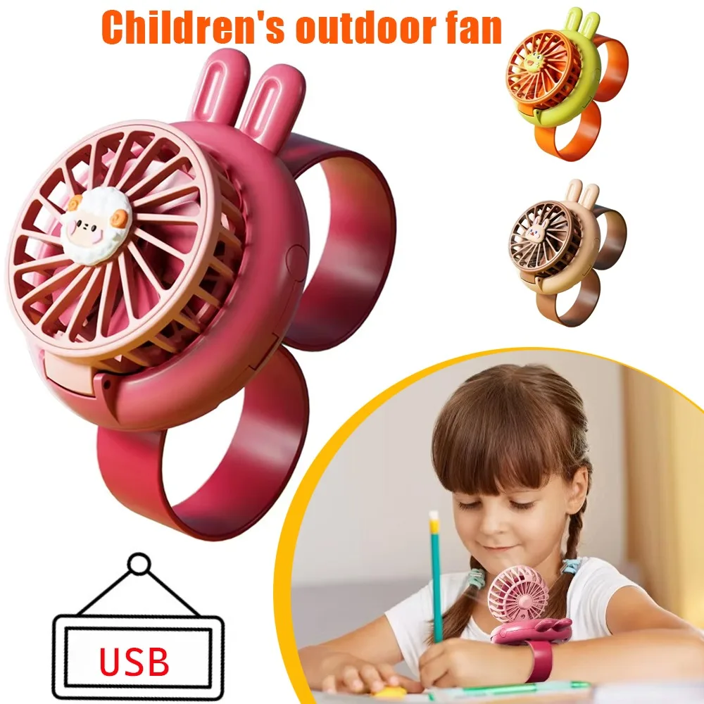 Tragbarer Mini-Ventilator für Kinder, USB wiederaufladbar, Cartoon-Uhrendesign, 3-Gang-Handventilator mit weichen Silikonflügeln, sicher für Kleinkinder Image