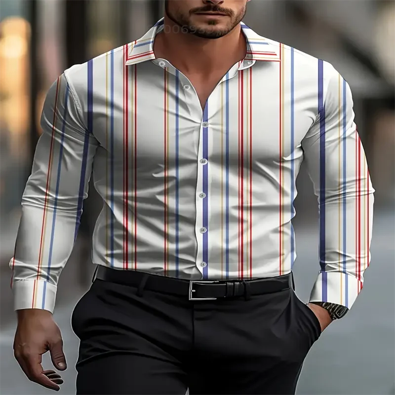 Stripe Printed Men's Long Sleeve Shirt Summer Casual Men's Single Breasted Shirt Beach Pool Party Men's Fashion Shirt
