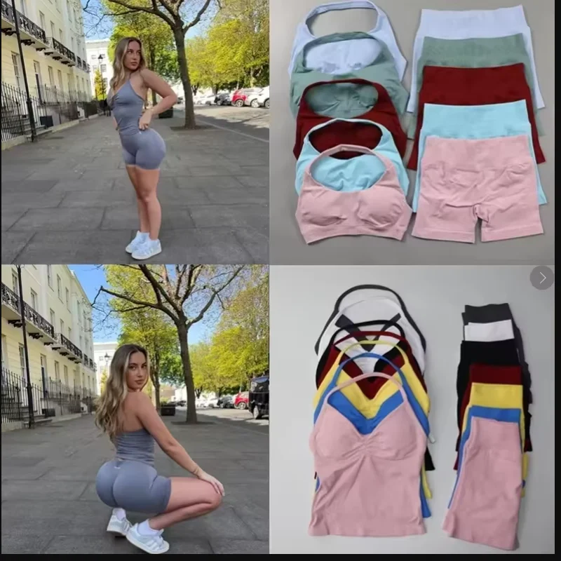 Gym-Set, 2-teiliges Set, Damen-Yoga-BH mit Schnürung, Workout-Shorts zum Kratzen, Sportbekleidung, Fitness-Anzug, nahtloses Yoga-Set