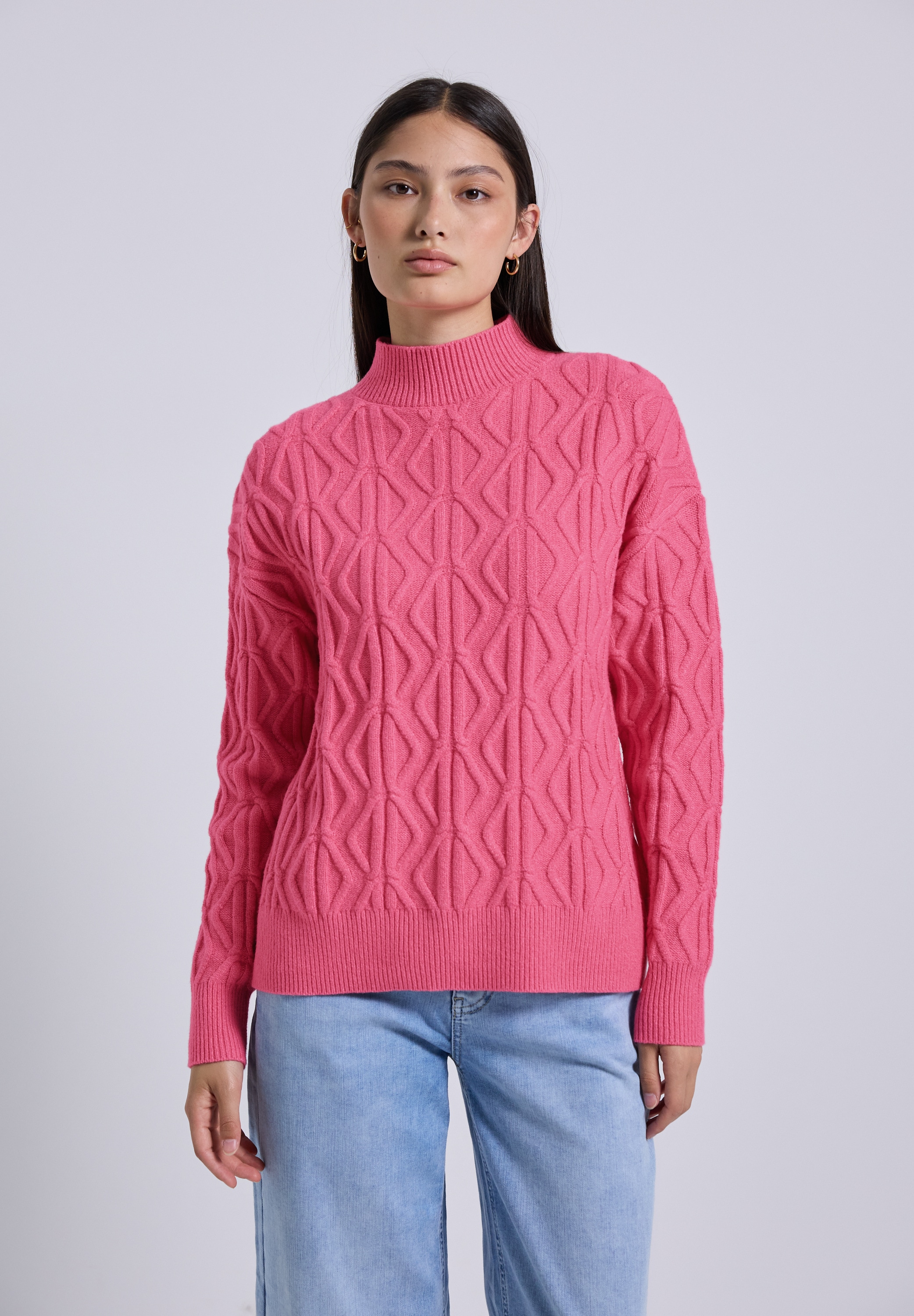 Strickpullover STREET ONE STUDIO, Damen, Gr. 34, rosa (candy pink meliert), Web, 35% Baumwolle, 32% Polyacryl, 28% Polyester, 5% Elasthan, unifarben, Casual, normal normal, hoch geschlossener Ausschnitt, Strickbündchen, Pullover, mit Turtleneck