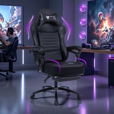 PU Racing Gaming Chair with Massage Lumbar Support and Retractable Footrest