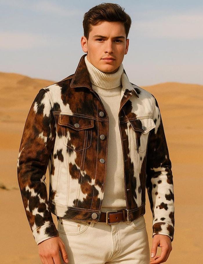 Giacca da uomo in pelle bovina stile western, in pelle di pony con pelo, cappotto in vera pelle con stampa mucca