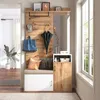 Rosahqnda Elegantes weißes und holzfarbenes Garderoben-Set mit Spiegel, Schuhschrank, Wandgarderobe