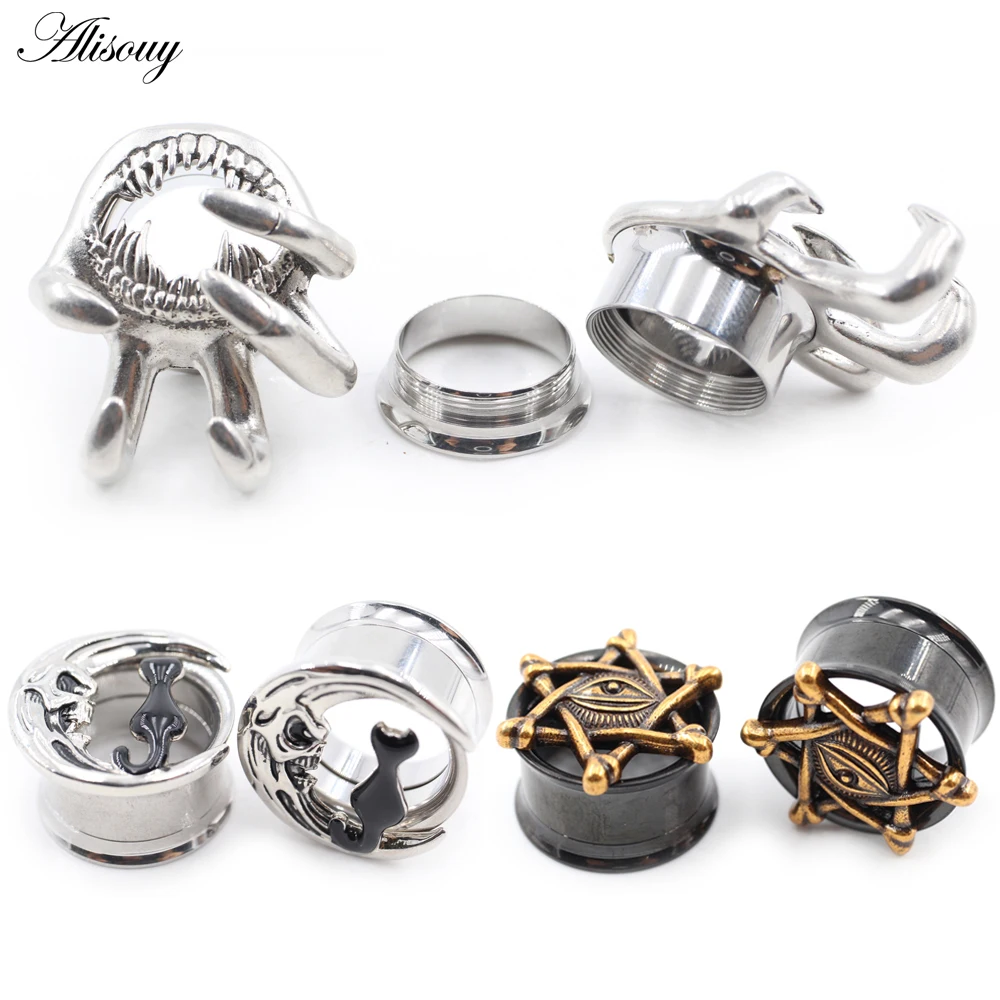 Alisouy 1 Stück Edelstahl Augen-Stern-Katzenpfoten-Ohr-Tunnel-Plug, Expander, Stretcher, Flared Gauges, Piercing-Körperschmuck Image