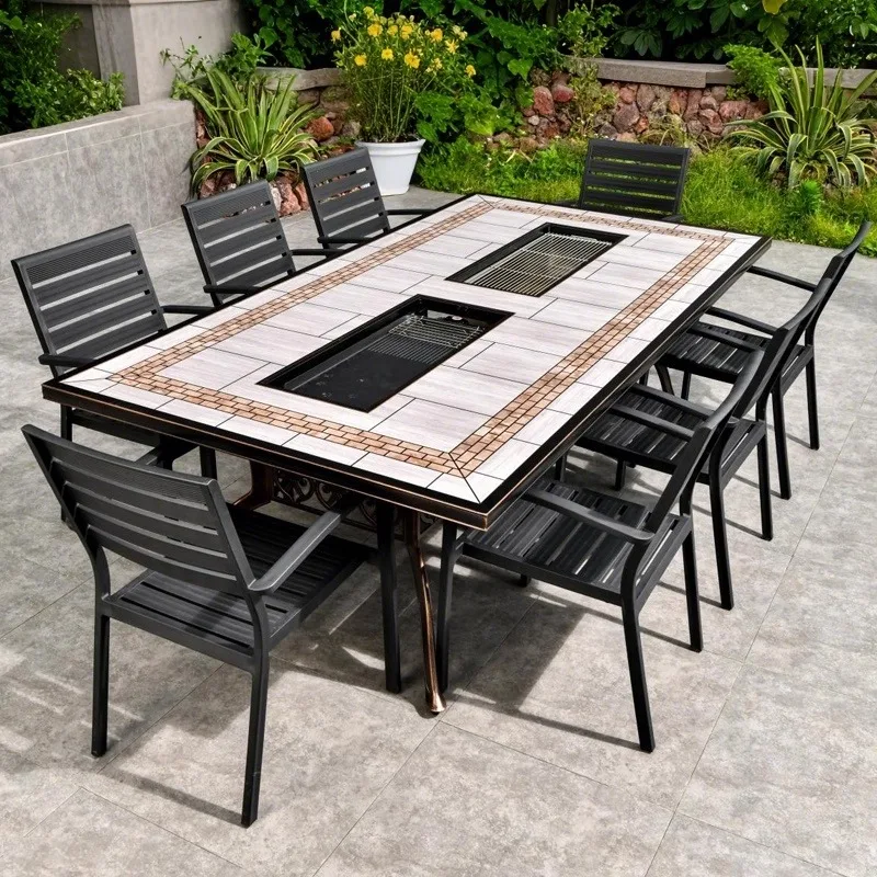 Outdoor-Grilltisch und Stuhl, Innenhof, Heimterrasse, Garten, Hof, Villa, Hof, Outdoor-Freizeit, langer Tisch aus Schmiedeeisen, Aluminiumguss Image