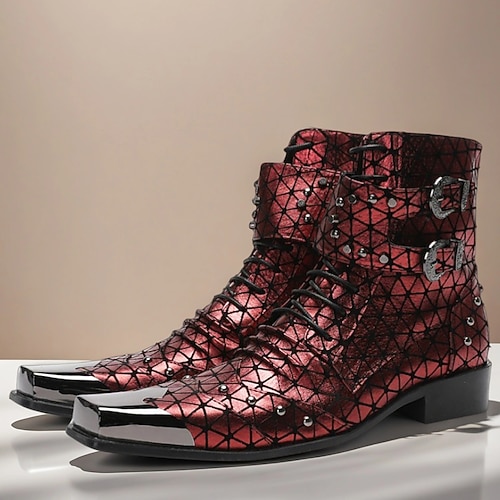 Herren Stiefel Bikerstiefel Retro Fitness Cross Trainingsschuhe Spaziergang Leder Italienisches Vollnarbenleder Bequem Rutschfest Warm Stiefeletten Reißverschluss Schnalle Wein Herbst Winter Image