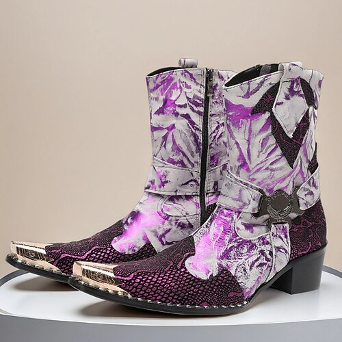 Herren Stiefel Bikerstiefel Retro Schlangenhautschuhe Spaziergang Leder Italienisches Vollnarbenleder Bequem Rutschfest Warm Mittelstiefel Reißverschluss Schnalle Fuchsie Herbst Winter
