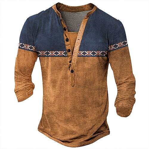 Herren Geometrisch Ethnisch Henley Hemd T-Shirt Langarm Ethnisch Lässig Sommer Frühling Herbst Meerblau Dunkelgrau Schwarz Grün Hellblau Henley Henley T-Shirt Image
