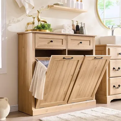 Double Tilt Out Laundry Hamper Cabinet, 20 Gallon Farmhouse Trash Can Cabinet with Drawer, Hidden Wood Garbage Can Bin Cabinets