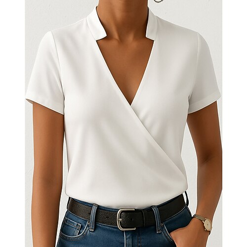 Damen T Shirt Einfach Lässig Kurzarm V Ausschnitt Normale Oberteile Täglich Ausgehen Blau Weiß Purpur Grün Sommer Image