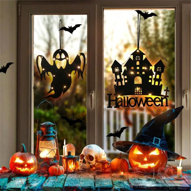 Halloween-Fledermaus-Hexe-Hängeleuchte, 3 Beleuchtungsmodi, Innen- und Außendekoration, perfekt für die Dekoration von Veranda zu Hause, Lichterketten
