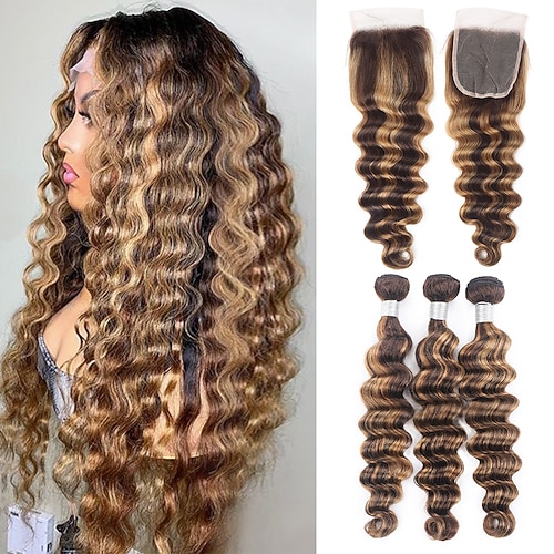 3 Bündel Echthaar-Highlights P4/27, lockere, tiefe Echthaar-Extensions mit 44-Verschluss für schwarze Frauen Image