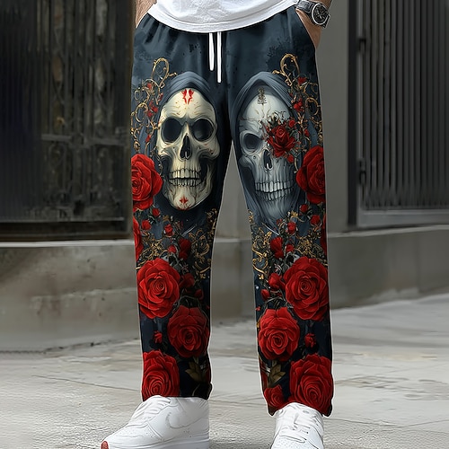 Herren Kostüme Hosen Weite Hosen Freizeit Hosen Mittlere Taille Dunkel Punk Gothic Stil Feiertag Elastischer Kordelzug Taillen Leinenähnliche Hosen mit Taschen Frühling Herbst 3D Druck Dunkel Image