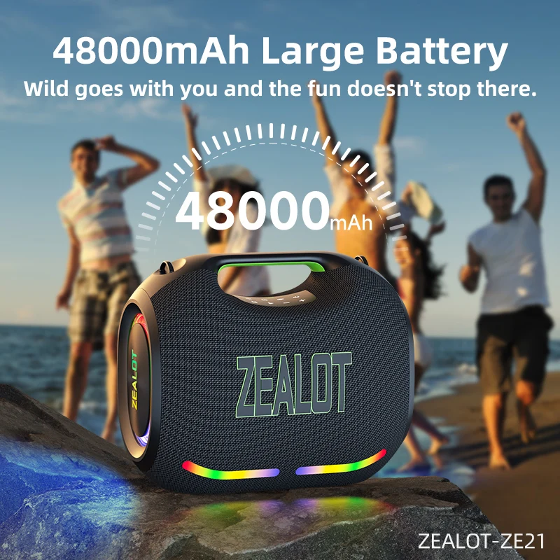 Zealot-ZE21 250W Bluetooth Party Speaker IPX6 Waterproof Outdoor Portable Speaker 12H Playtime With LED, Microphone, Powerbank