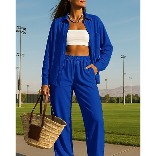 Damen Hose mit weitem Bein Freizeitanzug Hemdjacke mit Tasche Einfarbig Kombination Herbst Weiß Leicht Grün Outdoor Reise Sport Hohe Taille Atmungsaktiv Langarm Sport Sportkleidung Mikroelastisch Image