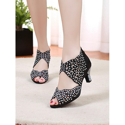 Damen-Tanzschuhe mit hautfarbenem Strass-Ausschnitt und Peep-Toe und niedrigem Absatz – professionelles Schuhwerk für Gatsby-Partys und Ballsaal Image