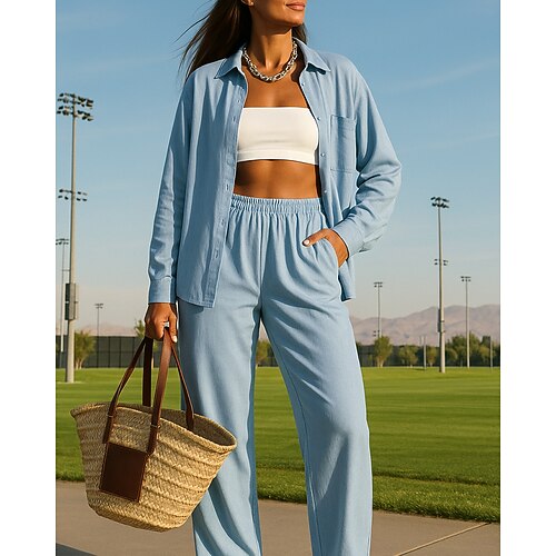 Per donna Pantaloni a gamba larga Abito casual Giacca da camicia con tasca Tinta unita Completo Abbigliamento Autunno Bianco Verde Chiaro All'aperto Viaggio Sportivo Vita Alta Traspirante Manica Lunga