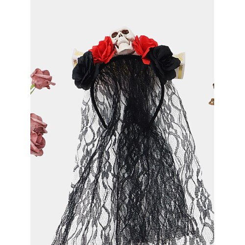 Totenkopf-Stirnband für Damen mit roten und schwarzen Rosen und Spitzenschleier, Gothic-Halloween-Kostüm-Haar-Accessoire für Partys