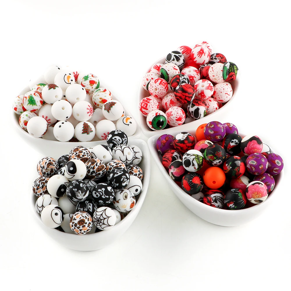 25 Stück/Paket bedruckte Silikonperlen für DIY-Stifte, Schmuck, handgefertigte Accessoires, Schlüsselanhänger, Rucksackketten usw Image