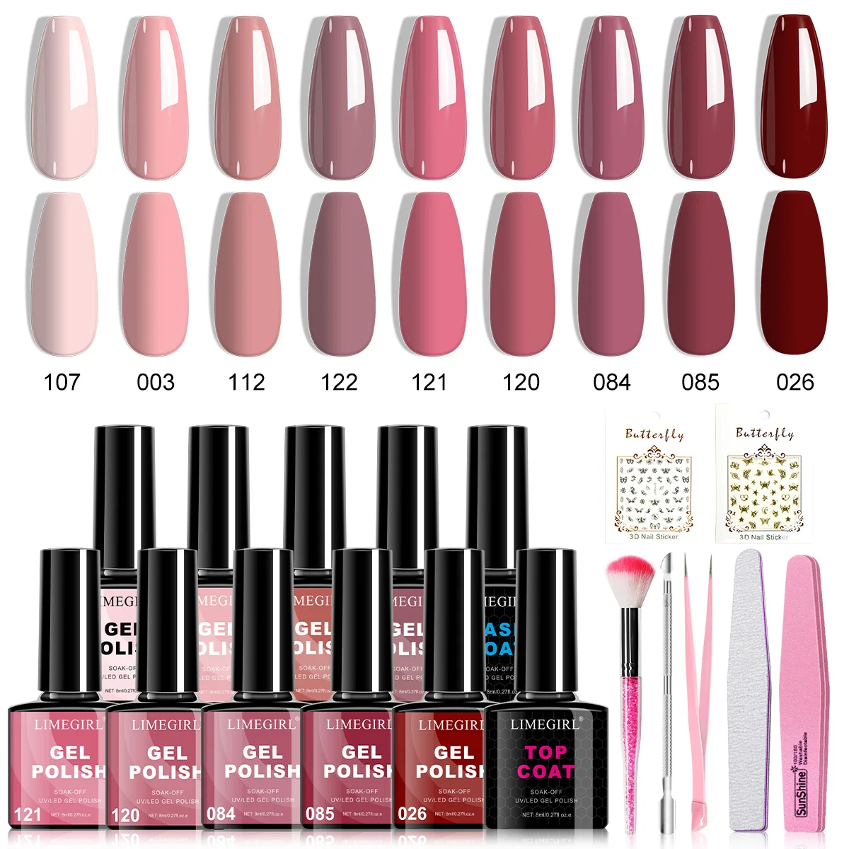 LIMEGIRL 9-Farben-Gel-Nagellack-Set, glitzerndes rosa Nagellack, UV-LED, Soak Lack Gel mit Schmetterlingsaufkleber, Gel-Nagellack-Set Image