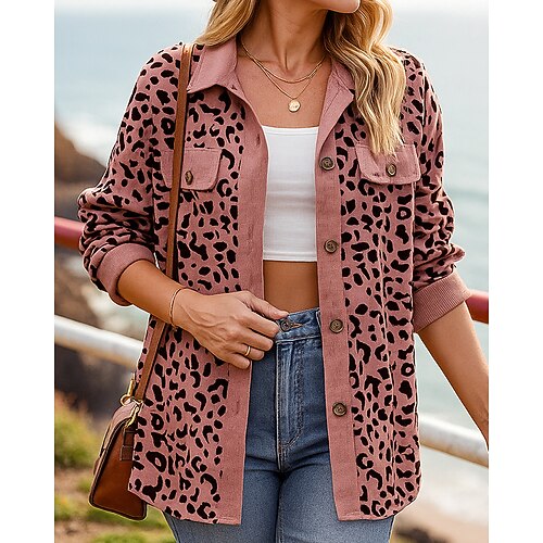 Damen Herbst-Outfits Hemden Jacken Mäntel Knöpfe Langarm Oberteil Athleisure Herbst Leopard Mode Outdoor Reise Sportbekleidung Sportkleidung Rosa Beige Kaffee Image