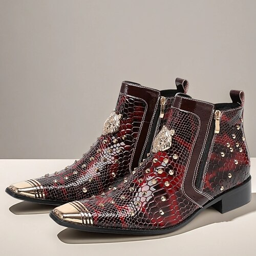 Herren Stiefel Bikerstiefel Retro Schlangenhautschuhe Fitness Cross Trainingsschuhe Spaziergang Leder Italienisches Vollnarbenleder Bequem Rutschfest Warm Stiefeletten Reißverschluss Wein Herbst Image