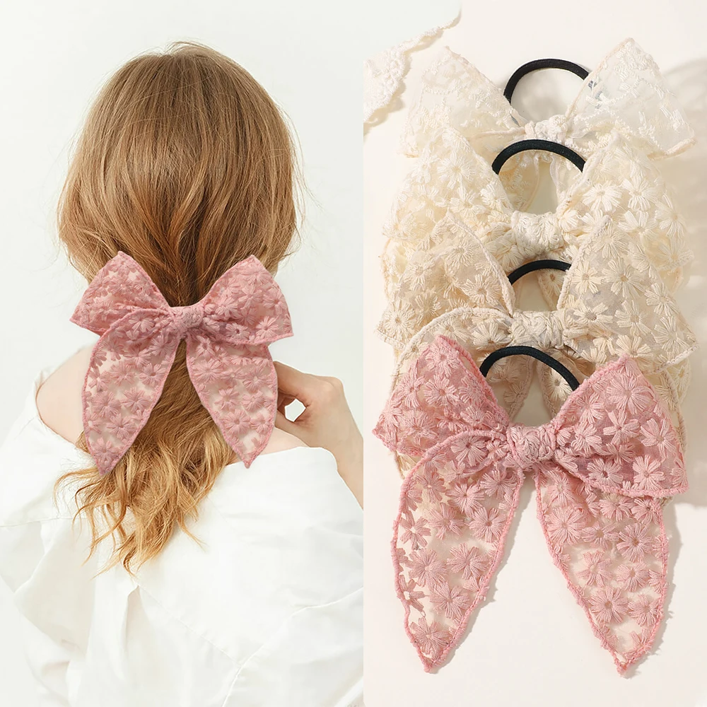 4 Stück elastische Spitzen-Haarbänder mit bestickter Schleife für Damen und Mädchen, Gummi-Pferdeschwanzhalter, Kinder-Haar-Accessoires Image