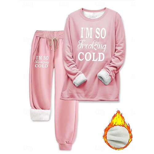 Damen Zweiteilige Sets Trainingsanzug Hosen-Sets Langarm Bischofsärmel Rundhalsausschnitt Grafik Buchstabe Druck Elegant Warm Mode Täglich Outdoor Urlaub Blau Schwarz Rosa Frühling Normale Passform Image