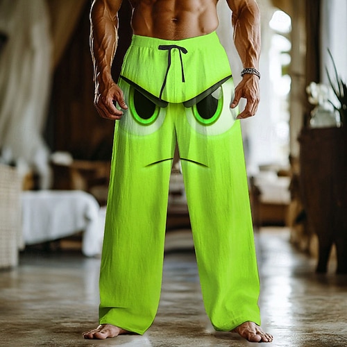 Herren 3D Zeichentrick Lächelndes Gesicht Große Augen Hose Freizeithose Hosen Hose Mittlere Taille Lustig Heim Outdoor Urlaub Elastischer Kordelzug in der Taille Leinenähnliche Hose mit Taschen Image