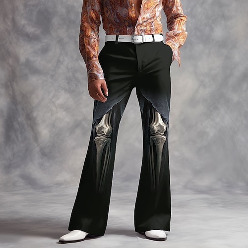 Herren Skelettkostüme Disco-Hosen 60er 70er Schlaghosen Mittlere Taille Dunkler Gothic-Stil Outdoor Urlaub Seitentaschen ausgestellte Beinhosen Hosen Frühling Herbst 3D Druck Schwarz 1 Schwarz Image