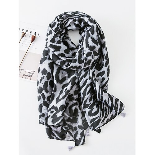 Damenschal mit Leopardenmuster und Quaste – weicher, leichter, übergroßer Wickelschal/Umhang mit Fransen, schicker Boho-Stil für Herbst/Winter, Freizeitoutfits, Büro, Reisen und zum Verschenken Image