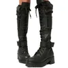 Kniehohe Stiefel für Damen, cooles Goth-Reißverschluss-Design, Tasche, Schnürung, klobiger Absatz, hochwertige Schuhe, Damenmode, beliebt, große Größe 35–43