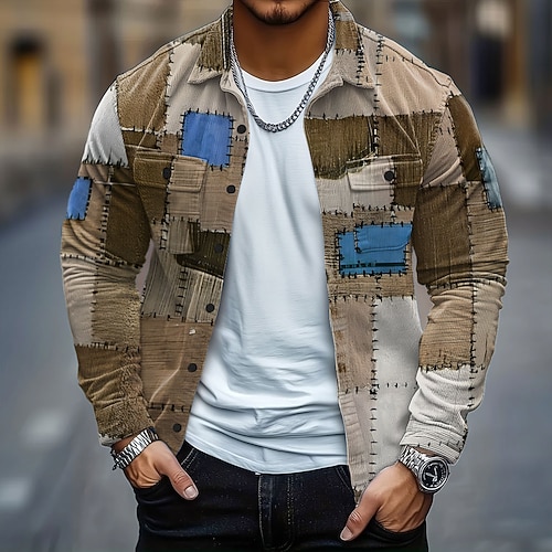 Herren Farbblock Patchwork Denim-ähnlich Cordhemd Hemdjacke Overshirt Langarm Vintage-Retro Outdoor Alltagskleidung Herbst Winter Umlegekragen Button-Down Warm Jacke mit Pattentaschen Blau Purpur Image