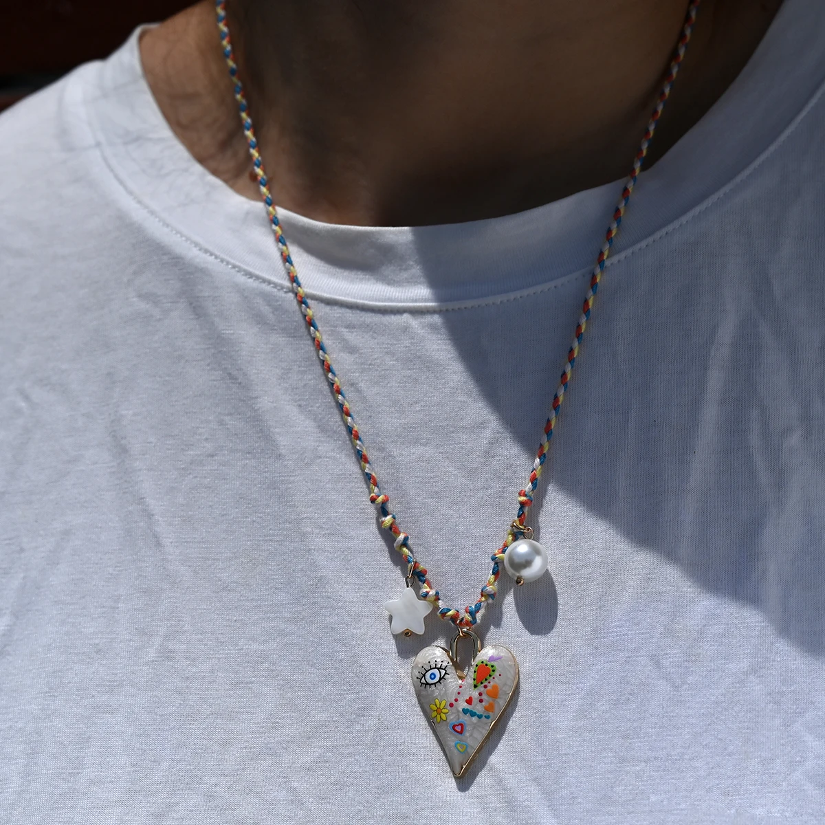 Handgefertigte Halskette mit geknotetem Seil-Herz-Anhänger, modische Pullover-Kette, stapelbare Stern-Perlen-Halskette für Frauen, neuer Design-Schmuck Image