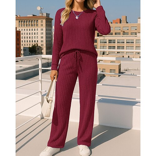 Damen Strickanzug Lounge-Anzüge Einfarbig Kombination Herbst Schwarz Burgunderrot Outdoor Reise Sport Hohe Taille Langarm Sport Sportkleidung Mikroelastisch Normale Passform Image