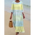 Damen Maxi Kleid Kaftan 3/4 Länge Ärmel Rundhalsausschnitt Lässiges Kleid A-Linie Kleid Boho Reguläre Passform Grafisch Geometrisch Abstrakt Weiß Gelb Blau Orange Frühling Herbst