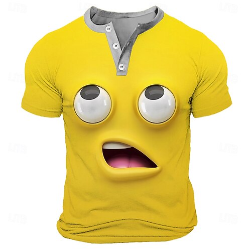 Herren Cartoon Menschliches Gesicht T Shirt Henley Hemd Kurzarm Designer Retro Vintage Lässig Lässig Täglich Straße Sommer Frühling Blau Gelb Grün Henley Henley T-Shirt Image