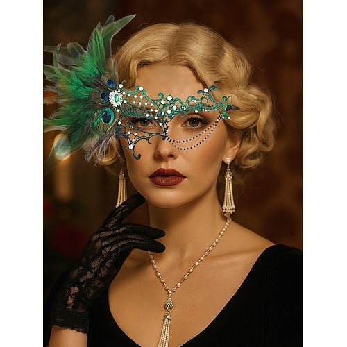 Grüne Maskenmaske aus Federspitze für Damen mit Pfauendetails und Strass-Akzenten, Vintage-Kostümaccessoire im Gothic-Stil für Halloween-Partys Image