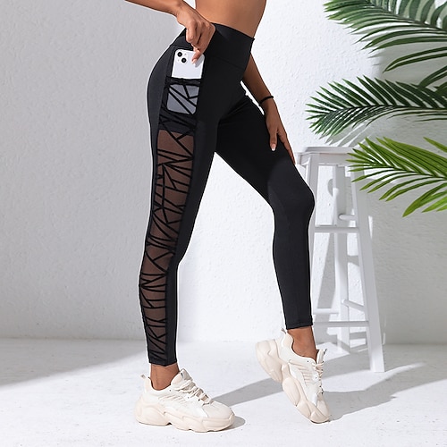 Damen Kompressionshose Yoga-Leggings Mit Taschen Bauchkontrolle Hohe Taille Fitnessstudio sportlich Laufen Unterteile Einfarbig Schwarz Herbst Sport Sportkleidung Image