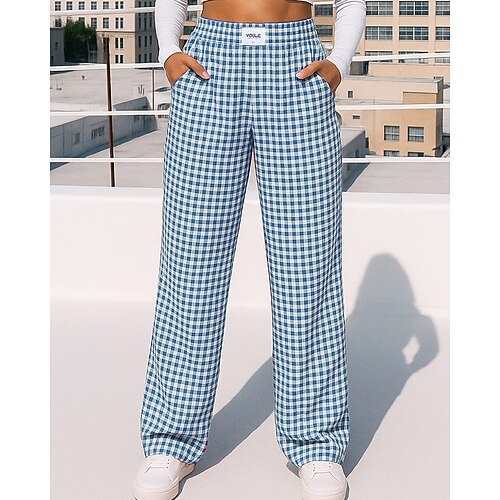 Damen Hose mit weitem Bein Freizeithosen Tasche Hohe Taille Unterteile Fitnessstudio Athleisure Trainieren Herbst Baumwolle Mode Outdoor Reise Lässiger Schnitt Sportbekleidung Sportkleidung Karomuster Image