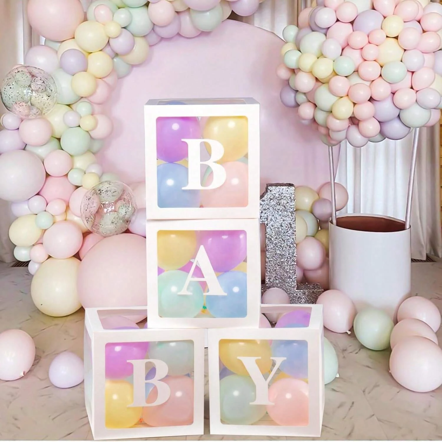 1 Satz transparente Papierboxen mit Buchstaben, Ballondekorationen, Kuchendekorationen und Geburtstagsfeierdekorationen Image