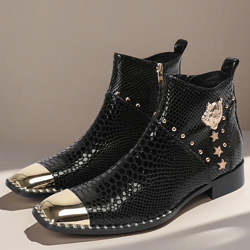 Herren Stiefel Bikerstiefel Retro Schlangenhautschuhe Spaziergang Leder Italienisches Vollnarbenleder Bequem Rutschfest Warm Stiefeletten Reißverschluss Schwarz Herbst Winter
