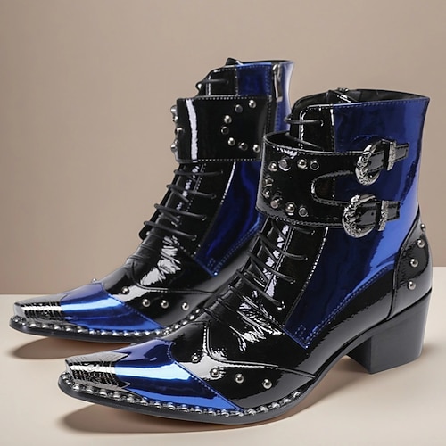 Herren Stiefel Bikerstiefel Retro Spaziergang Leder Lackleder Italienisches Vollnarbenleder Bequem Rutschfest Warm Stiefeletten Reißverschluss Schnalle Blau / Schwarz Herbst Winter